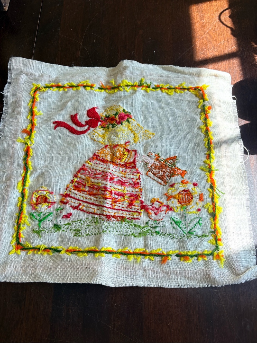 Crewel Sunbonnet Girl Floral Linen Square - Picture 5 of 5